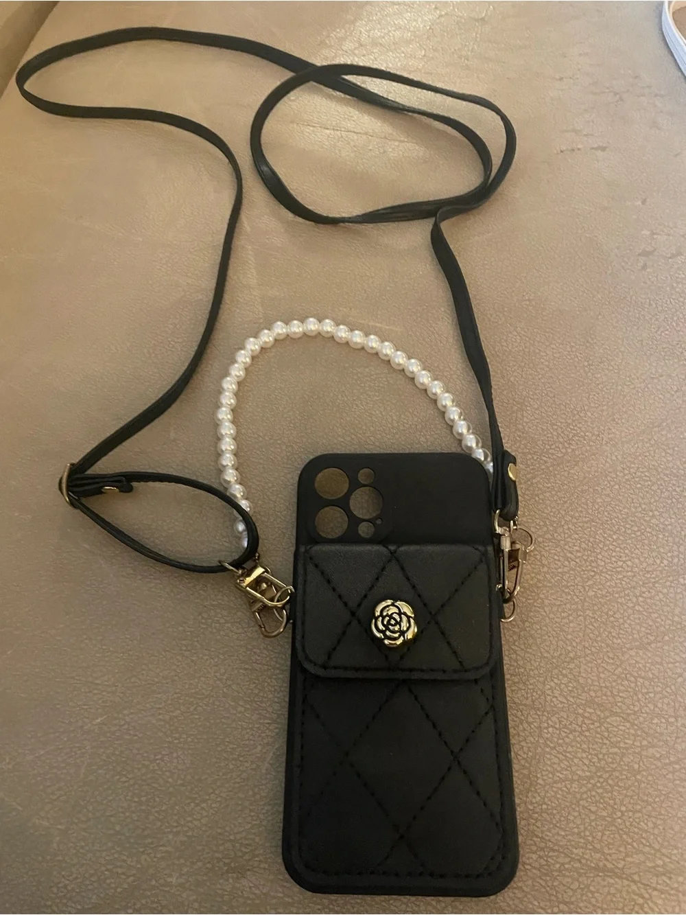 Brand New Black Quilted Crossbody Phone Case with Pearl Handle for iPhone 12 Pro